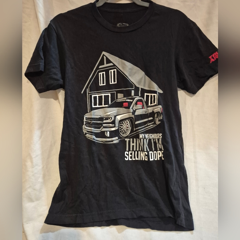 Truckin Around Black Graphic Tee with Car and House Design